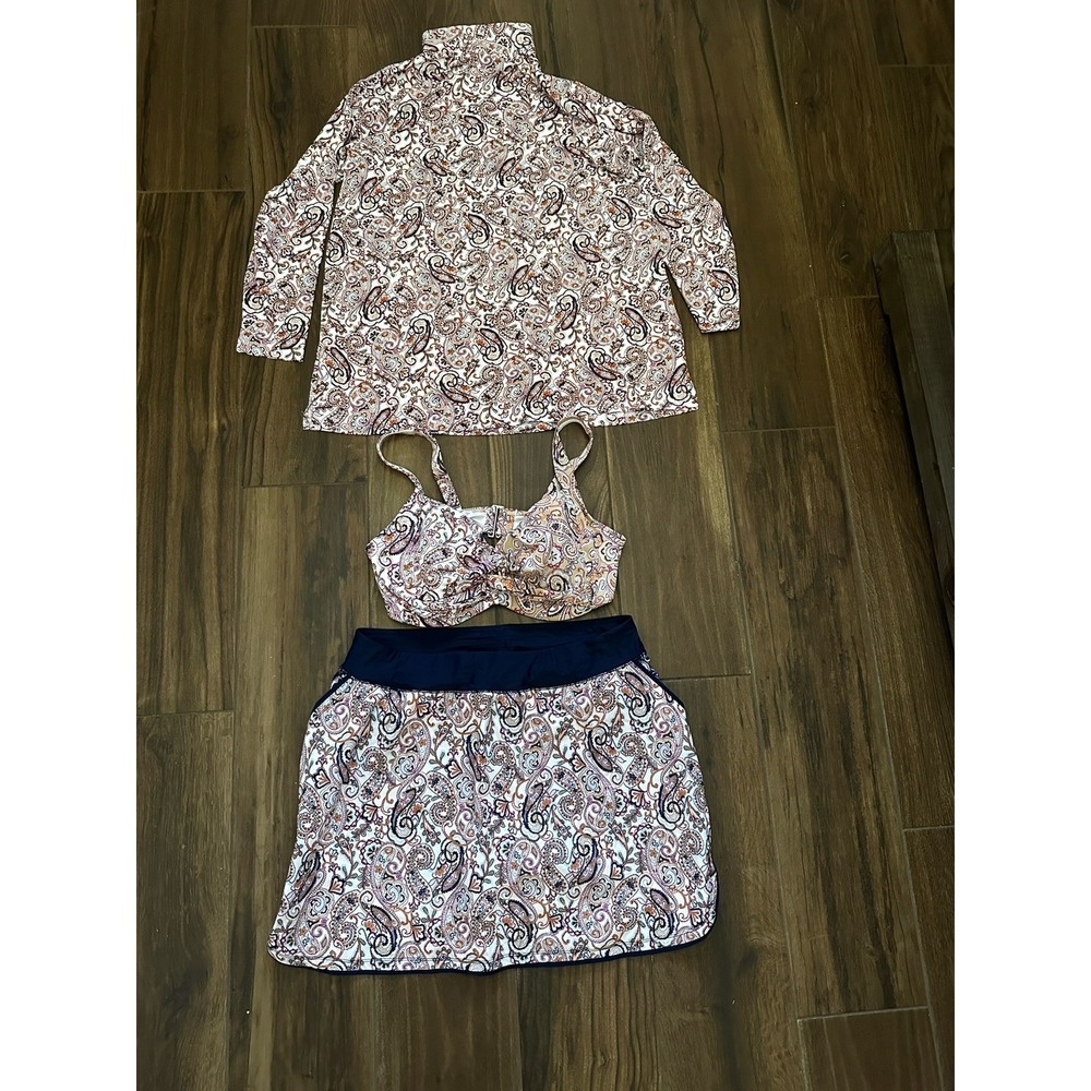 Lands End Swim Set Navy Paisley print Size 18W 1XL Bikini Top Skort Sun Shirt